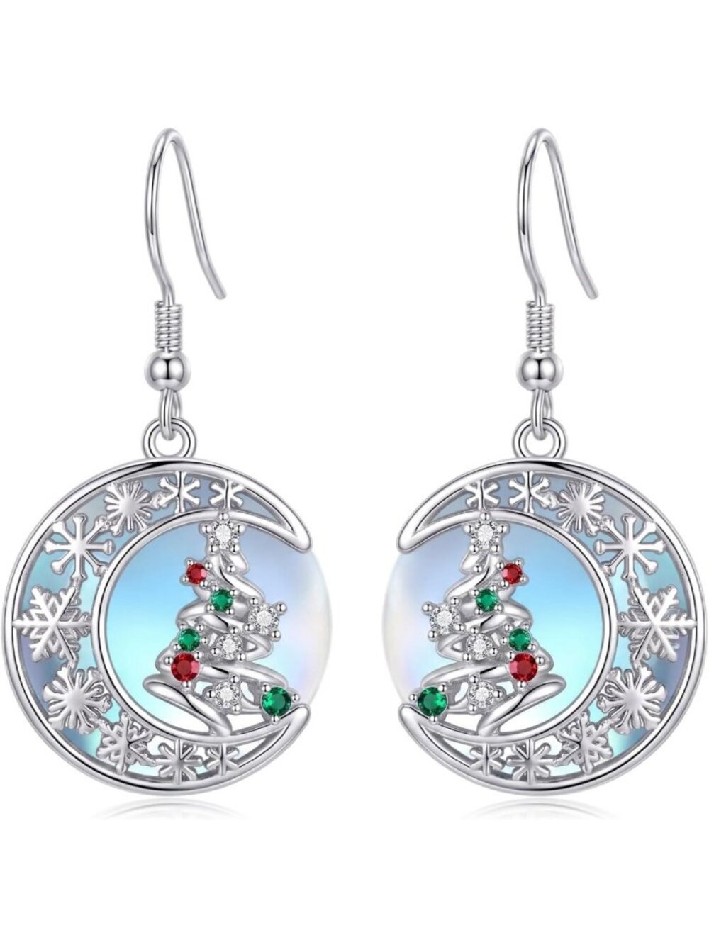 Silver Moonstone Snowflake Dangle Earrings - Holiday Jewelry & Gift for Women